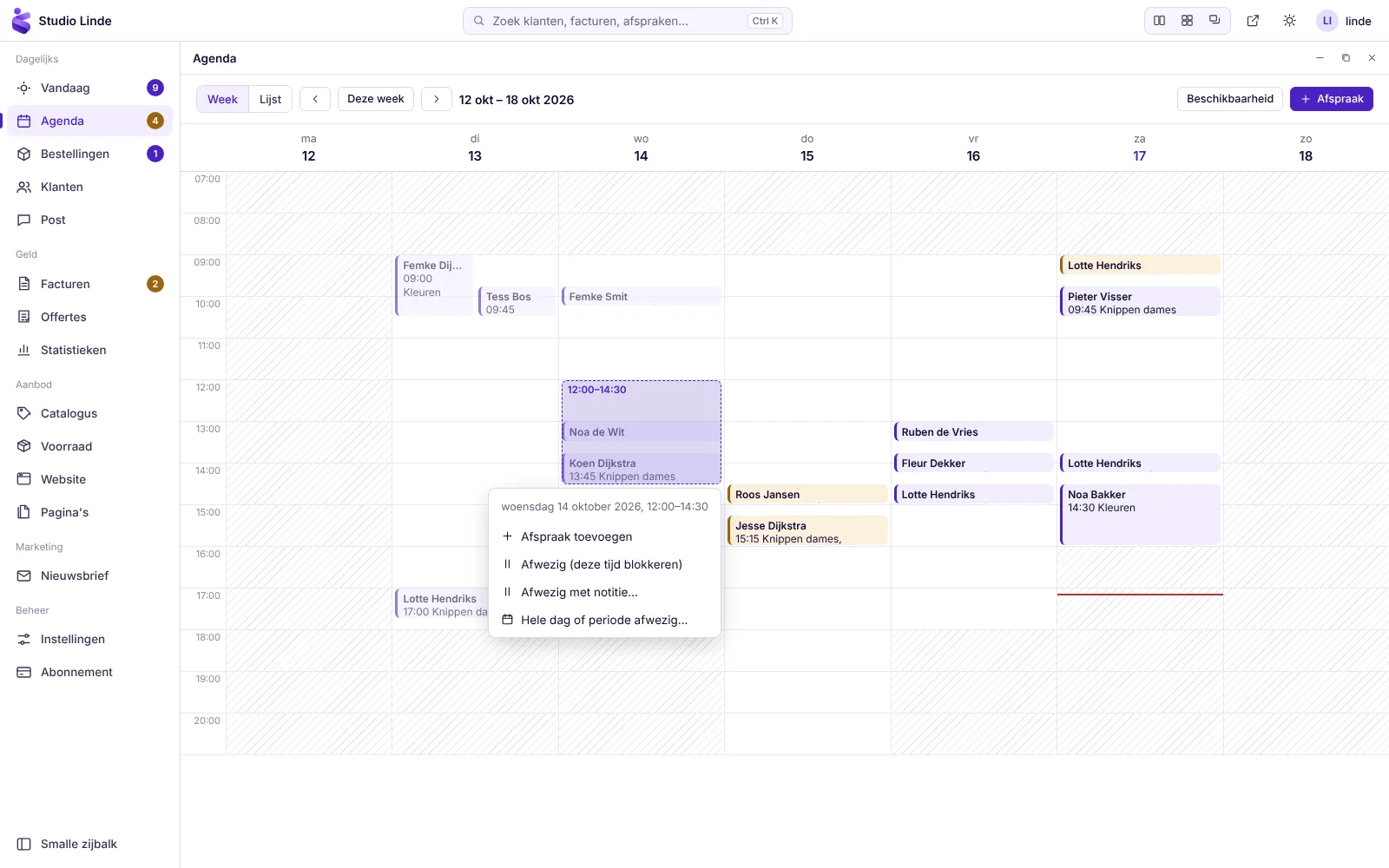 Weekagenda met afspraken en een geselecteerd tijdvak