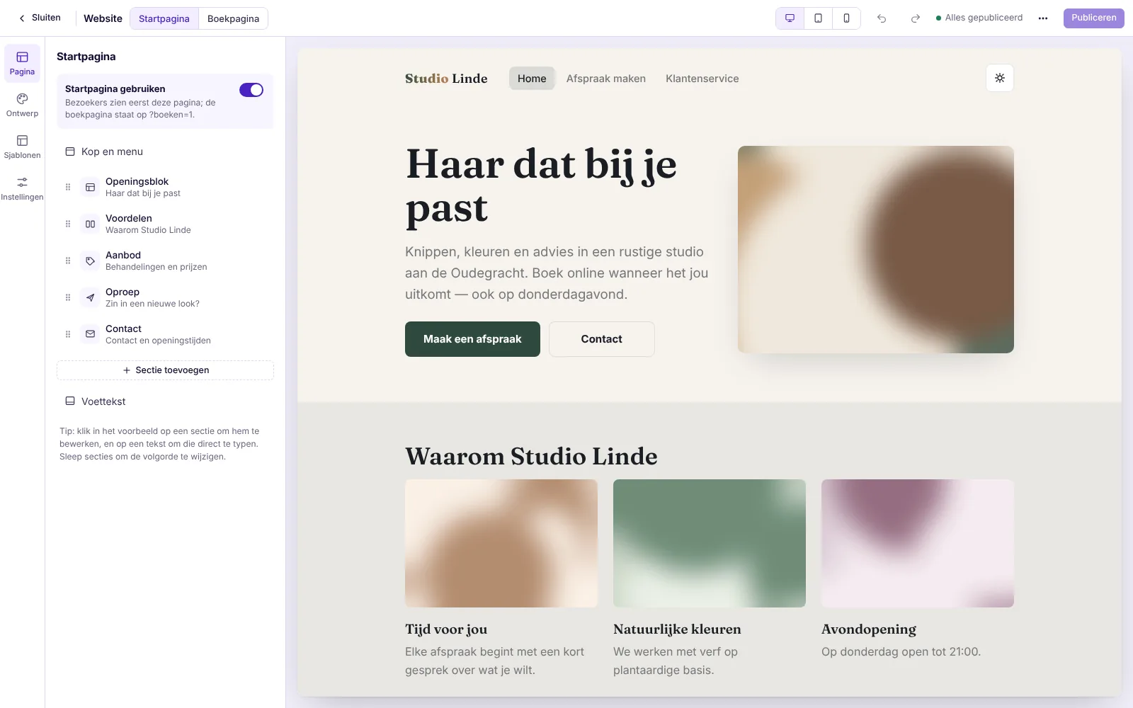 Startpagina bewerken met live voorbeeld