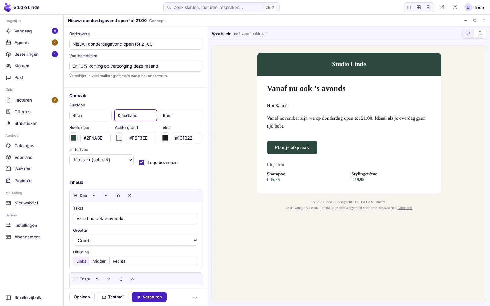 Nieuwsbrief opstellen met live voorbeeld
